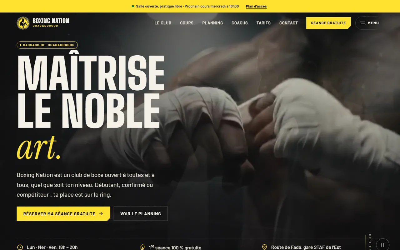 Exemple de réalisation : page d'accueil du site d'un club de boxe, avec le bouton Réserver ma séance gratuite