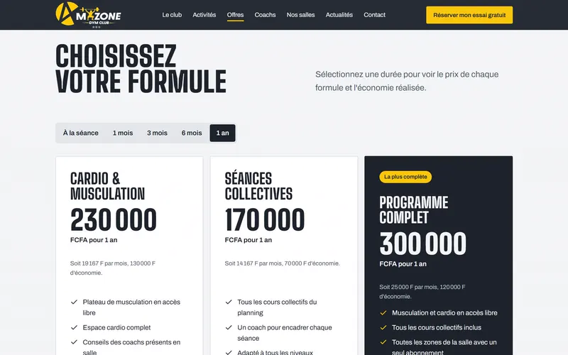 Comparateur de formules d'abonnement d'une salle de fitness