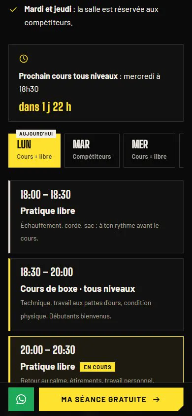 Le planning des cours affiché sur téléphone