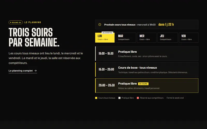 Page planning d'un club de boxe : les cours de chaque soir de la semaine