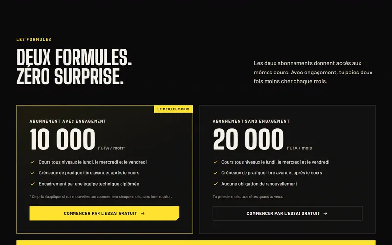 Page tarifs avec deux abonnements et un bouton pour commencer par l'essai gratuit