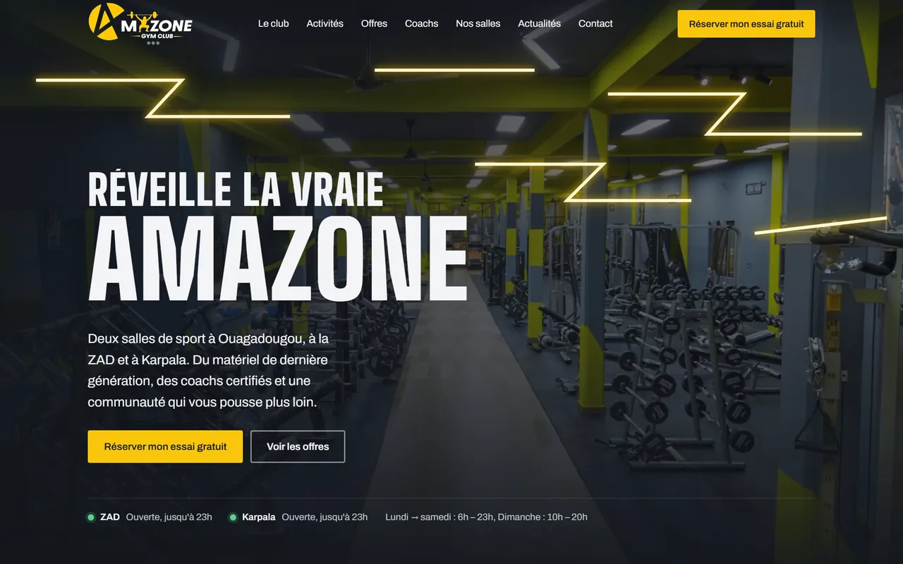 Page d'accueil du site d'une salle de fitness à Ouagadougou, avec le bouton Réserver mon essai gratuit